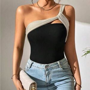 Two Tone One Shoulder Cut Out Bodysuit